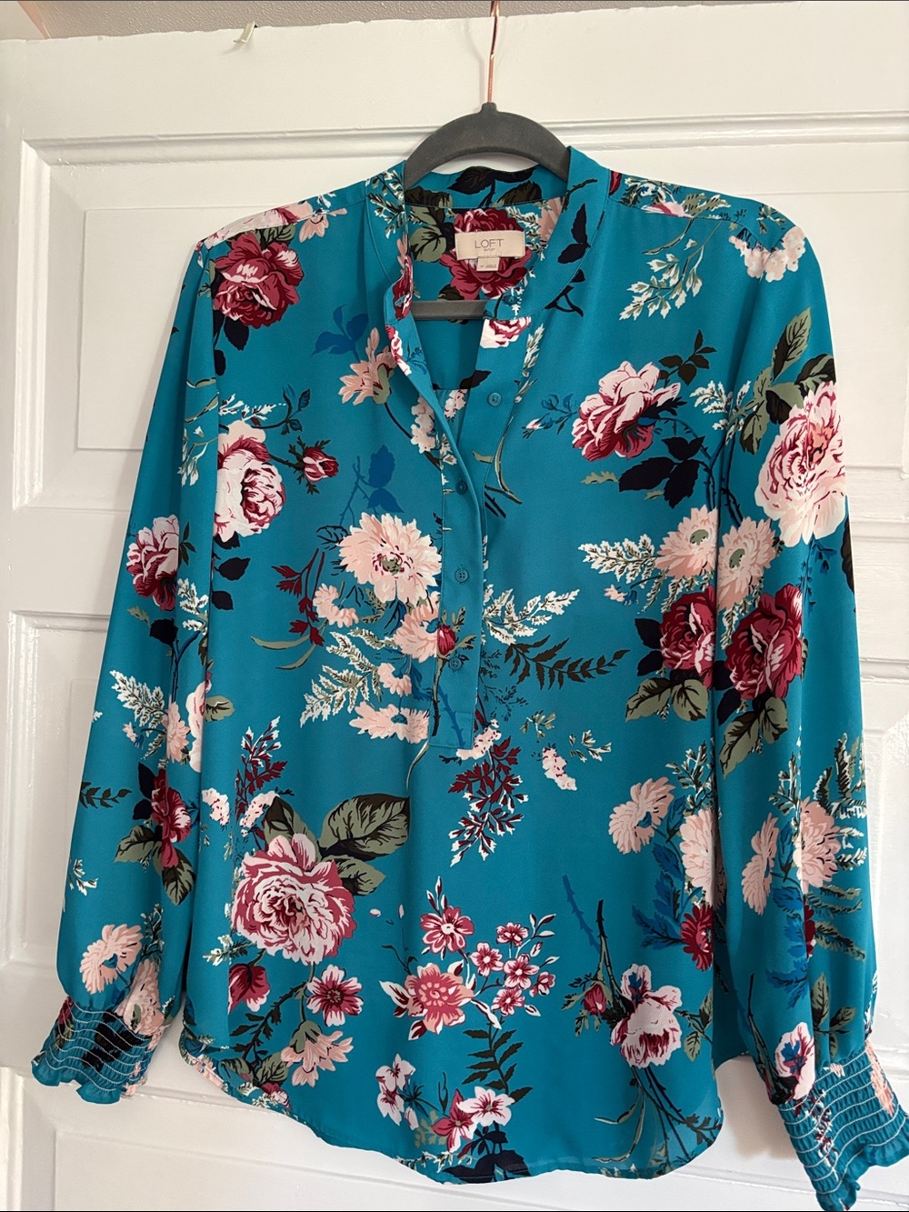 LOFT Teal Floral Split-Neck Blouse